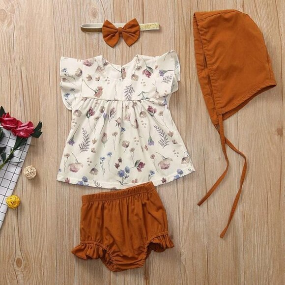 Baby Girl Adorable Fall Photoshoot Romper Blouse Headband and Hat Outfit - Picture 3 of 6